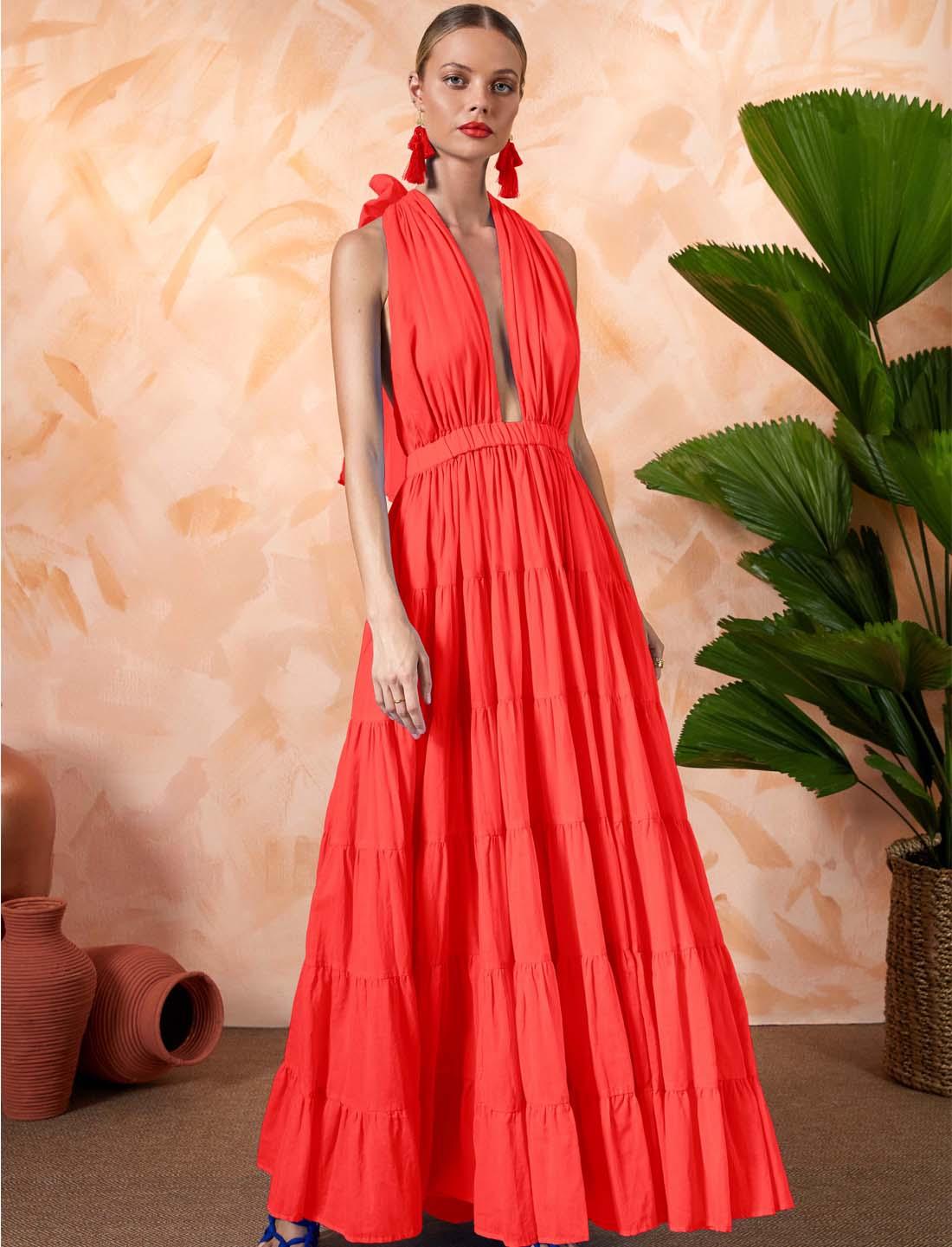 Esme Cotton Poplin Fluted Sleeve Wrap Maxi Dress, Red