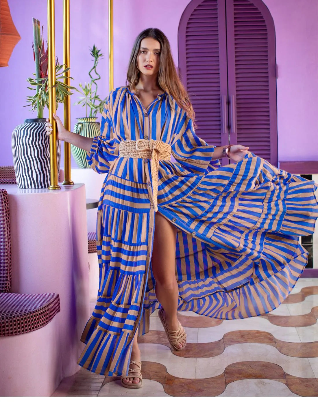 ELLA WOMEN BOHEMIAN MAXI DRESS STRIPE