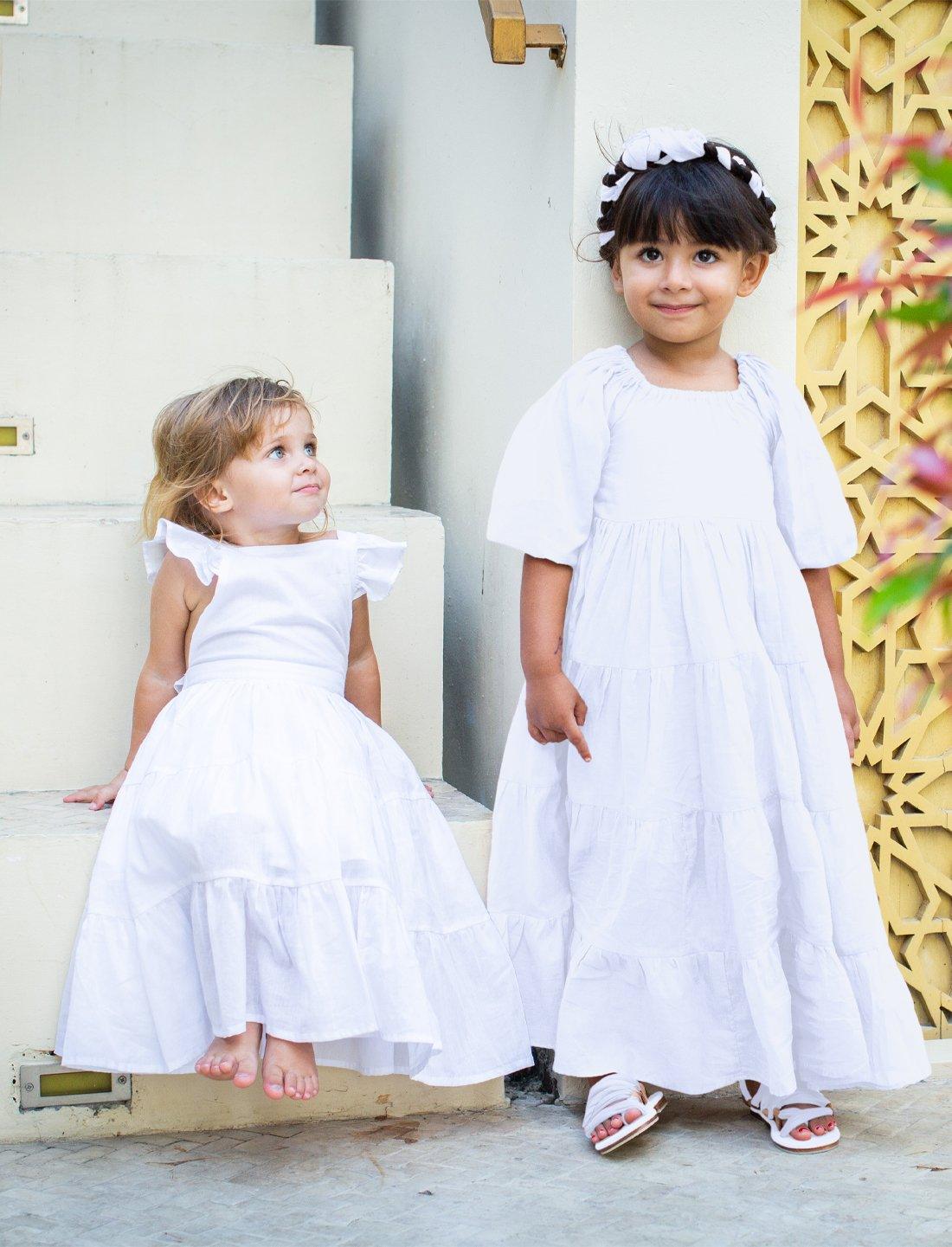 Lolita Apron Ruffled Sleeved Tiered Little Girls Dress - WHITE - Erika Peña