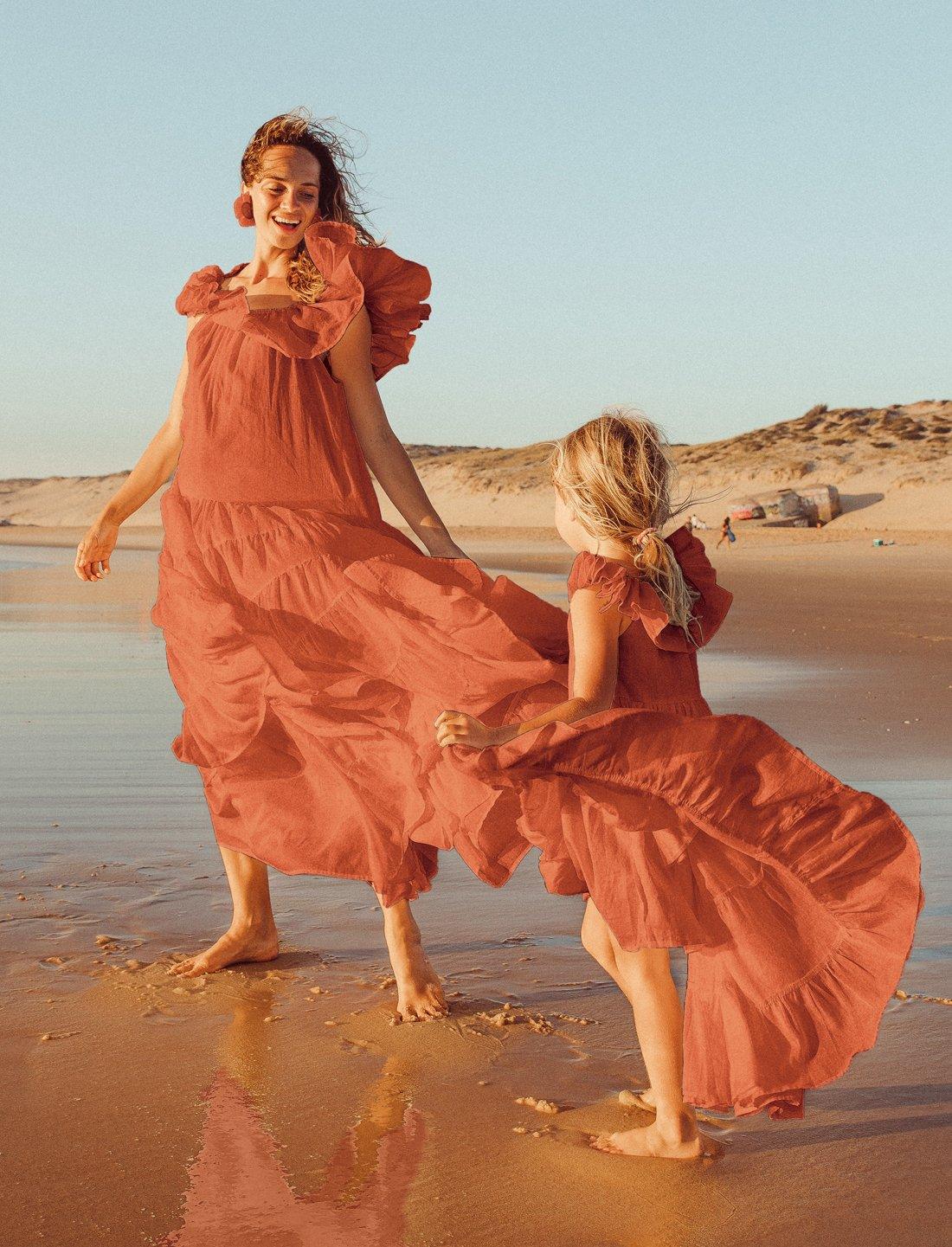 Girls Cotton Orange Dress with Textured Print