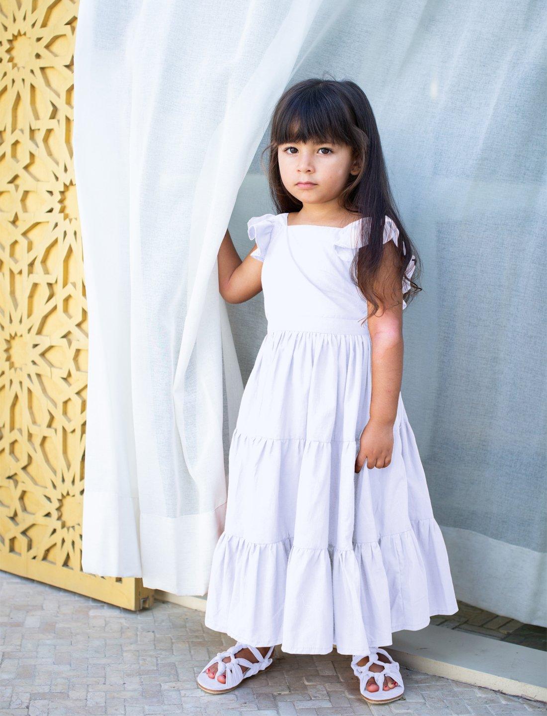 Lolita Apron Ruffled Sleeved Tiered Little Girls Dress - WHITE - Erika Peña